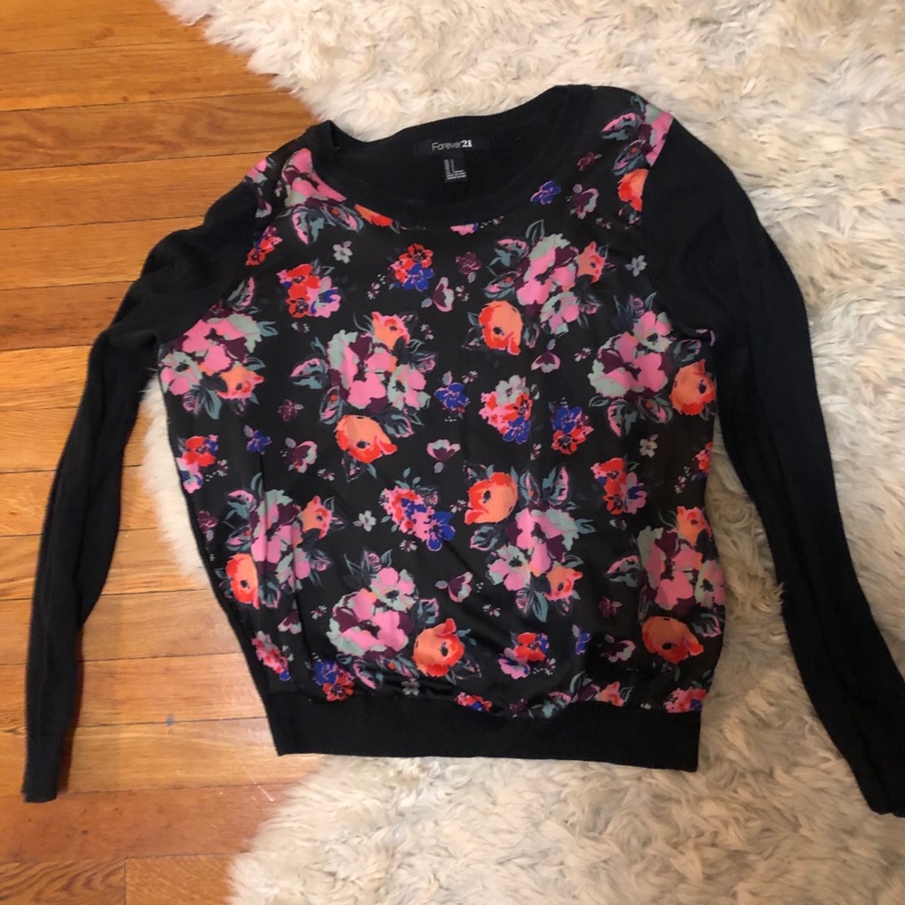 Floral black pink top sweater shirt L long sleeve